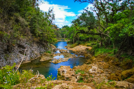 Sendero reino de las aguas waterfall in mountain park on Cubaの写真素材