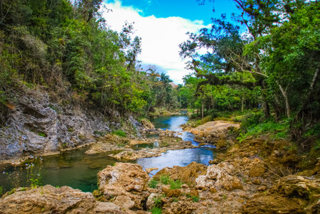 Sendero reino de las aguas waterfall in mountain park on Cubaの写真素材
