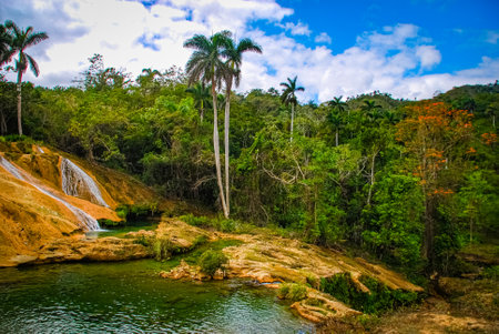 Sendero reino de las aguas waterfall in mountain park on Cubaの写真素材