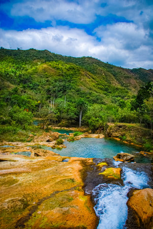 Sendero reino de las aguas waterfall in mountain park on Cubaの写真素材