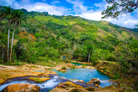 Sendero reino de las aguas waterfall in mountain park on Cubaの写真素材