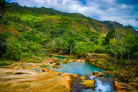 Sendero reino de las aguas waterfall in mountain park on Cubaの写真素材