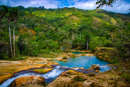 Sendero reino de las aguas waterfall in mountain park on Cubaの写真素材