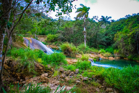 Sendero reino de las aguas waterfall in mountain park on Cubaの写真素材