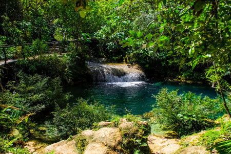 Sendero reino de las aguas waterfall in mountain park on Cubaの写真素材