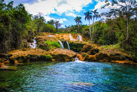 Sendero reino de las aguas waterfall in mountain park on Cubaの写真素材