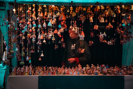 Small tree ornaments hanging in threadsの写真素材