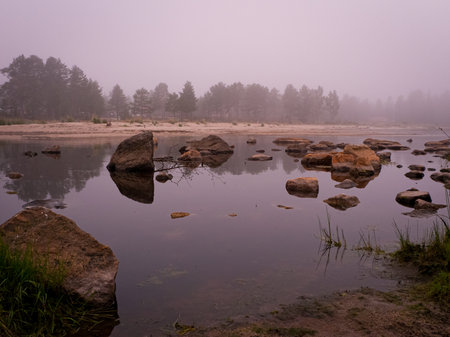 Foggy morning at Bottenviken sea in Norrfjarden, Nordmaling, Swedenの写真素材
