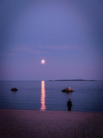 Moonlight over Bottenviken sea in Norrfjarden, Nordmaling, Sweden