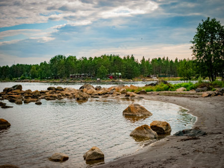 Outlook from Norrfjarden village beach in north Swedenの写真素材