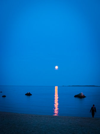 Moonlight over Bottenviken sea in Norrfjarden, Nordmaling, Swedenの写真素材