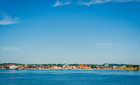Danish town Elsinore Helsingor seen from a Ferry on the Oresund sea.の写真素材