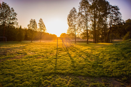 Football goal in the sunrise 15の写真素材