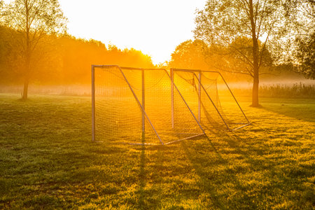 Football goal in the sunrise 2の写真素材