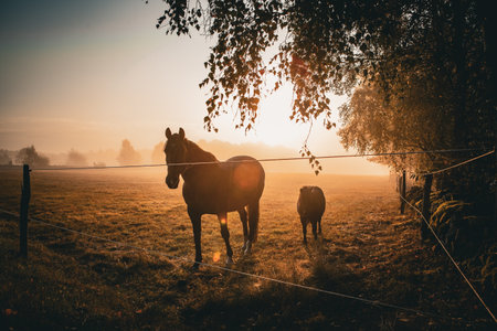 Horses in foggy sunrise over pasture in Swedenの写真素材