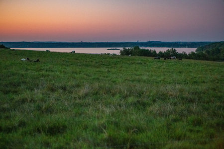 Sunset over Finjasjon lake seen from Hovdala Hills, Hassleholm, Swedenの写真素材
