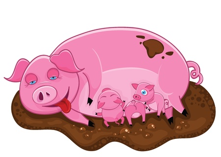 The pink pig lies in a dirt with piglets.のイラスト素材