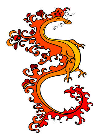 Red, orange and yellow dragon with flourishes and heartsのイラスト素材