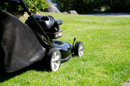 lawn mower cutting grassの写真素材