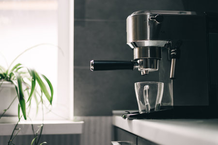 Coffee machine with portafilter for making homemade aromatic coffeeの写真素材