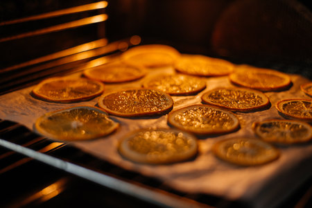 Drying orange in the oven at home for decorationの写真素材