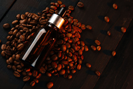 Essential oil with coffee beans on a black backgroundの写真素材