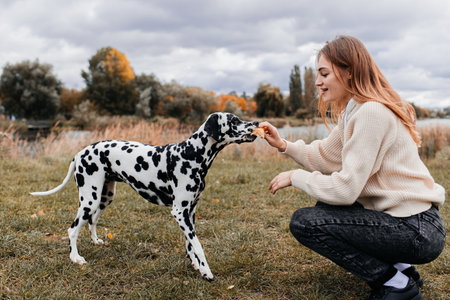 girl with a dalmatian dog in natureの写真素材