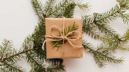 Christmas tree with gift box and decorations on wooden background space for letteringの写真素材