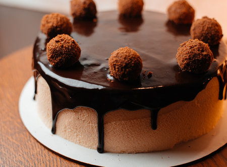 Plate with a piece of delicious homemade chocolate cake on the table