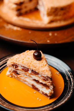 baked cherry cheesecake on a wood cake board