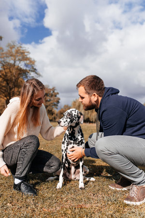Couple plays with his Dalmatian dog on walking in parkの写真素材