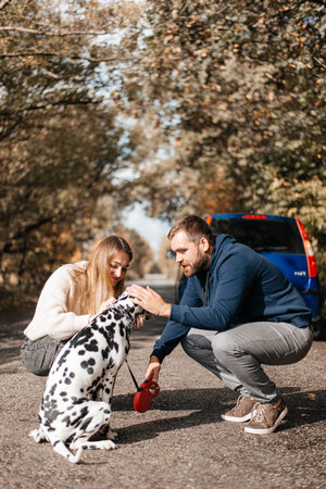 Man with woman have fun with their dog outdoors in forest near car.の写真素材