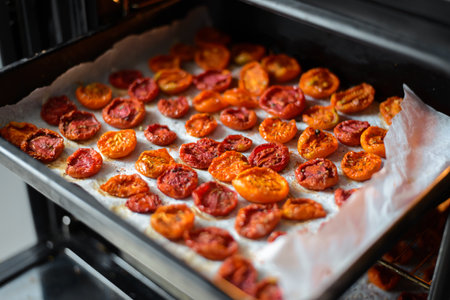 Cooking sun-dried tomatoes in the oven in the kitchenの写真素材