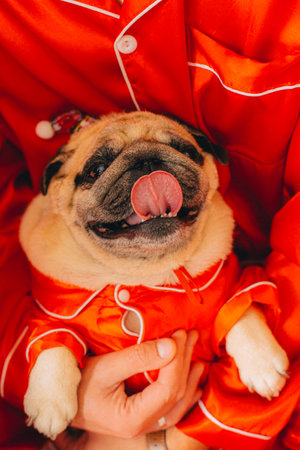 pug in santa costumeの写真素材