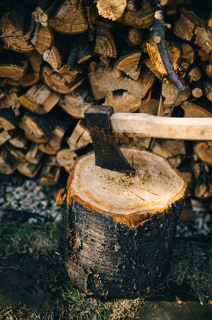 An axe with a wooden handle stuck in a wooden stump, harvesting firewood in the forestの写真素材