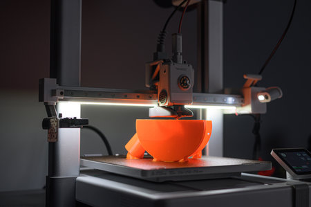 3D Printer Creating Detailed Orange Model On Platformの写真素材
