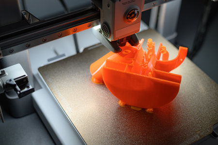 3D Printer Creating Orange Plastic Object on Platformの写真素材