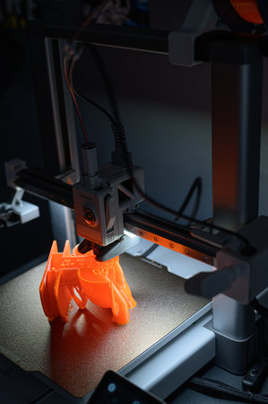 3D Printer Creating Orange Plastic Object on Platformの写真素材