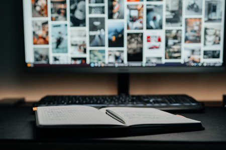 An Open Notebook accompanied by a Pen set on a Dark Desk inviting creativity and productivity