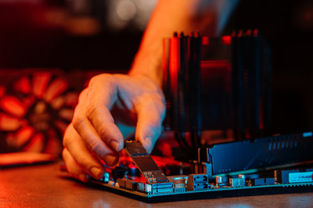 M2 disk close up with selective focus on the interface. On dark background with reflectionの写真素材