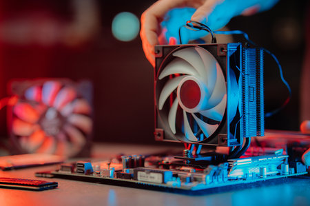 Man assembles a computer system unit at home