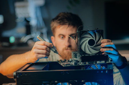 Man assembles a computer system unit at home