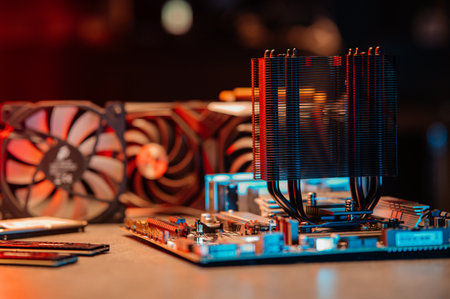Black CPU tower cooler with a large fan and multiple heat pipes, designed for efficient computer...