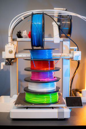 Many multi-colored spools of thread of filament for printing 3d printer. Material coils for printing...