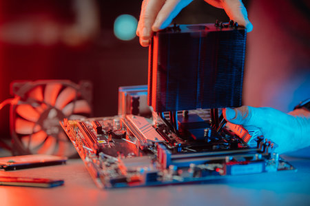 Man assembles a computer system unit at homeの写真素材