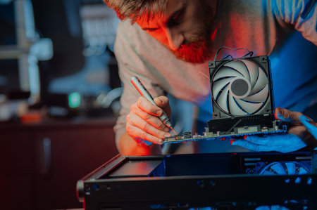 Hardware engineer technology maintenance. Computer chip electronic repair. Man technician pc service flat layの写真素材