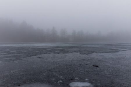 Foggy day by a frozen lakeの写真素材