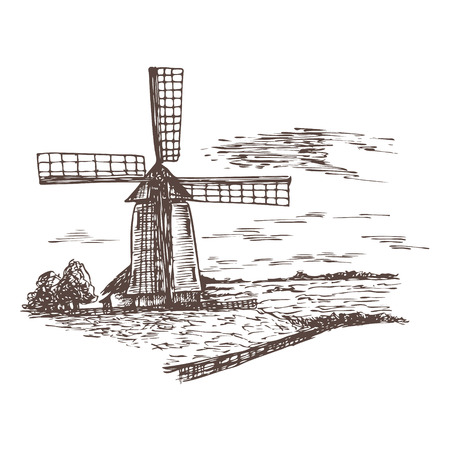Old wind mil isolated on background.のイラスト素材