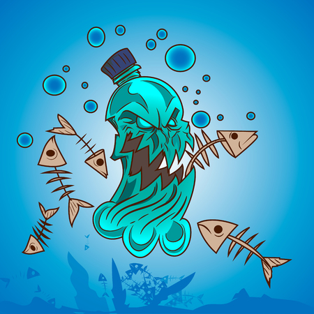 Plastic pollution in ocean monster bottleのイラスト素材
