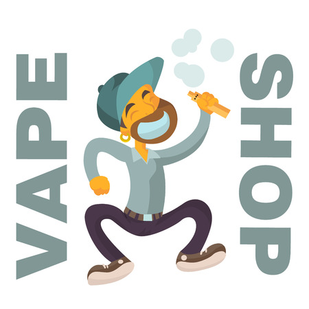 vape shop logo with boy flat character on isolated white backgroundのイラスト素材